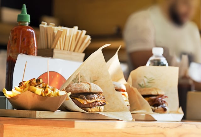 burger and chips from food van cropped